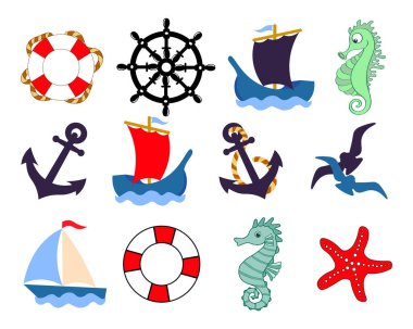 Deniz teması üzerine bir simge seti. Gemiler, çapa, can simidi, yelkenliler ve mavi ve kırmızı renkli diğer eşyalar. Çıkartmalar.