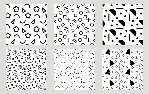 Een Set Eenvoudige Zwart Wit Getekende Naadloze Geometrische Patronen Naadloze — Stockvector