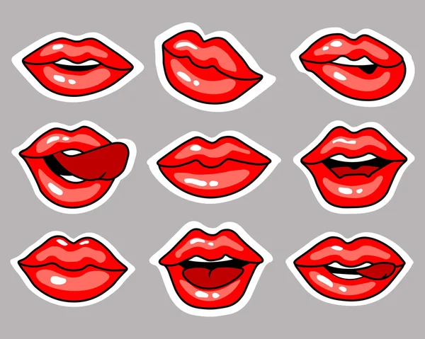 Conjunto Adesivos Ícones Lábios Femininos Brilhantes Expressando Emoções Diferentes Ilustração — Vetor de Stock