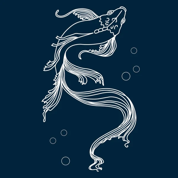 Marine Illustration Line Art Drawn Abstract White Contour Fish Blue —  Vetores de Stock