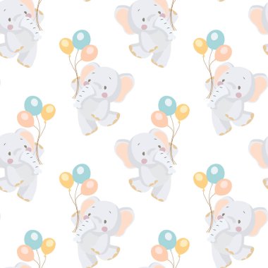 Çocuklar kusursuz desenli, balonlu şirin yavru filler. Pastel renkler. Bebek odası dekoru, baskı, tekstil, duvar kağıdı, kapak