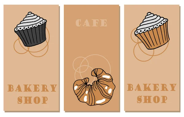 Set Posters Illustrations Cafe Bakery Drawn Cupcakes Croissants Lettering Beige — Vettoriale Stock