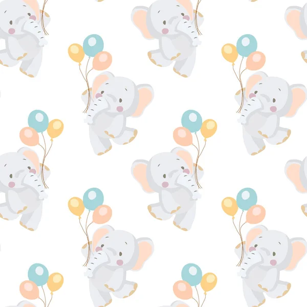 Kids Seamless Pattern Cute Baby Elephant Flies Balloons Pastel Colors — Stock Vector