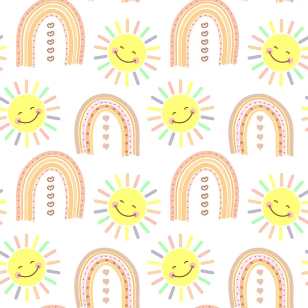 Καλοκαιρινό Φόντο Για Παιδιά Χαριτωμένο Χαμογελαστό Ήλιο Και Πολύχρωμα Ουράνια — Διανυσματικό Αρχείο