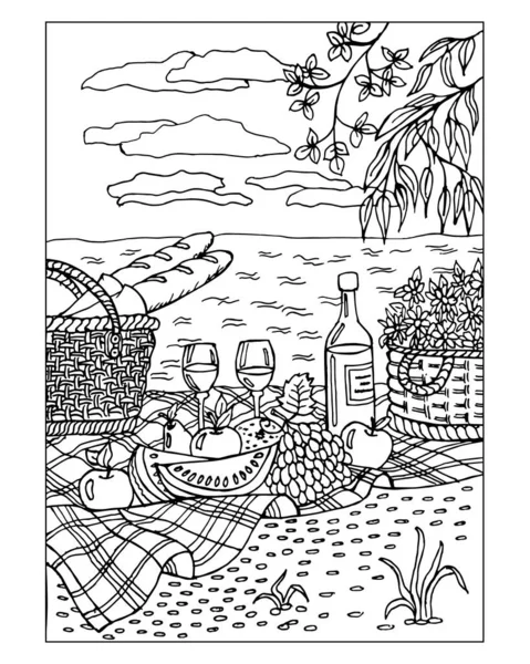 Black White Illustration Sketch Picnic Nature Fruits Wine Glasses Baskets — 图库矢量图片