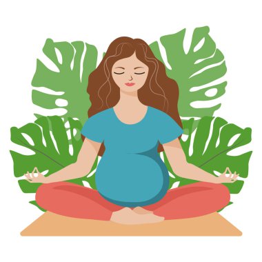 İllüstrasyon, hamilelik için yoga. Yoga pozu veren uzun saçlı hamile bir kadın tropikal yaprakların arkasında. Poster, afiş, fitness reklamı için grafik tasarımı