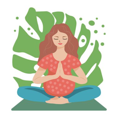 İllüstrasyon, hamilelik için yoga. Yoga pozu veren uzun saçlı hamile bir kadın tropikal yaprakların arkasında. Poster, afiş, fitness reklamı için grafik tasarımı
