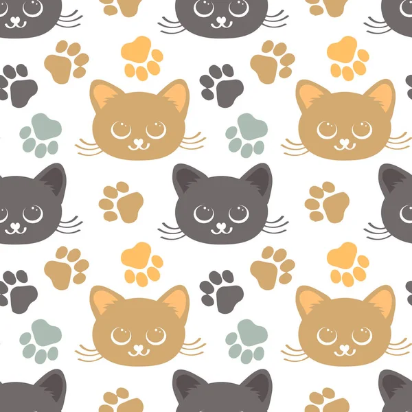 Seamless Pattern Print Muzzles Cute Gray Brown Cats Paw Prints — стоковый вектор
