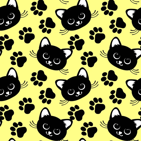 Seamless Pattern Print Muzzles Cute Black Cats Paw Prints Yellow — Stock Vector