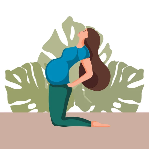 イラスト 妊娠中のヨガ 熱帯の葉を背景にヨガのポーズで長髪の妊婦 ポスター バナー フィットネス広告のグラフィックデザイン — ストックベクタ