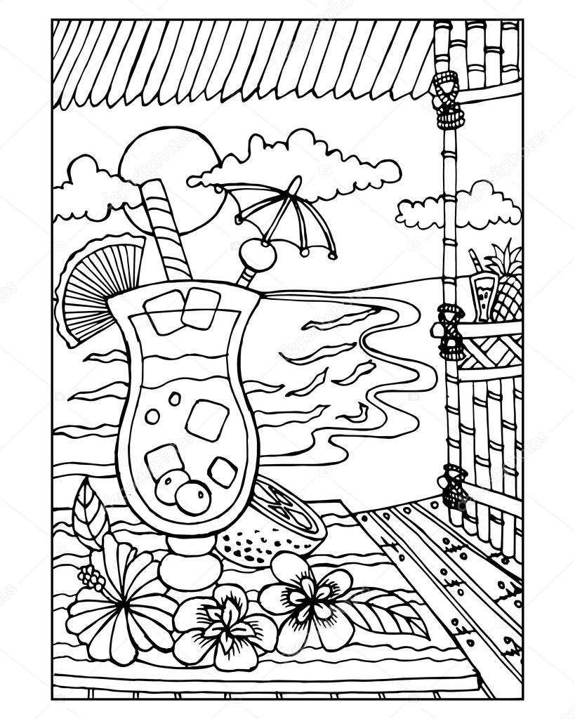 Black and white illustration, sketch, seaside vacation, cocktail with fruits and ice on a seaside bar table. For coloring anti stress for adults and children.