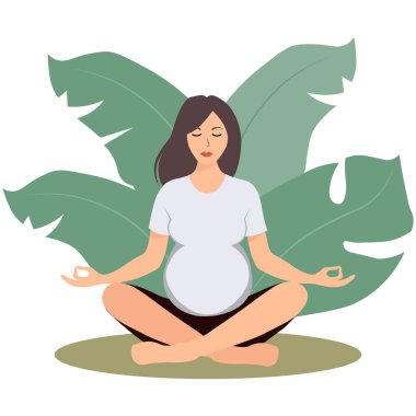 İllüstrasyon, hamile kadınlar için yoga. Yoga pozu veren uzun saçlı hamile bir kadın tropikal yaprakların arkasında. Poster, afiş, fitness reklamı için grafik tasarımı