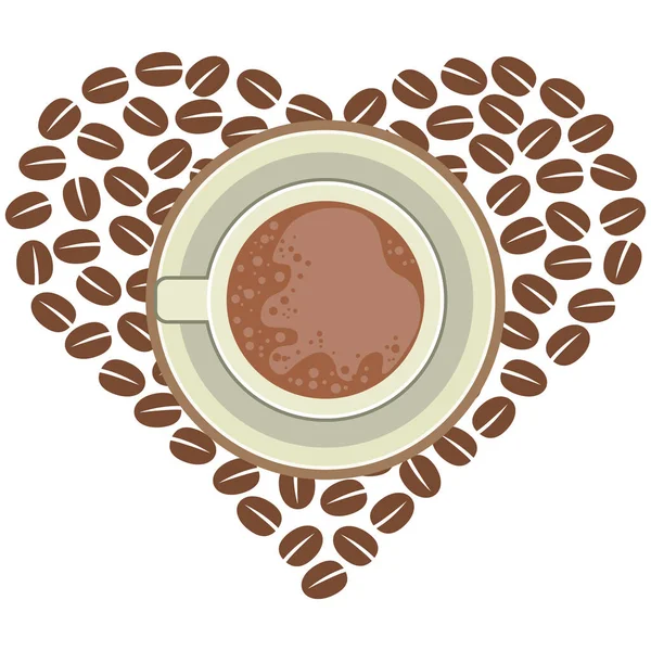 Illustration Cup Coffee Saucer Background Heart Made Coffee Beans Top — Stock Vector