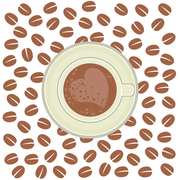 Ilustración Una Taza Café Platillo Sobre Fondo Granos Café Dispersos — Archivo Imágenes Vectoriales