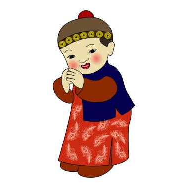 Asyalı, yakışıklı Çinli bir çocuğun resmi, ulusal kostümlü, kimonolu. Kartlar, posterler, duvar dekorları için grafik tasarımı