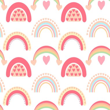 Seamless pattern, print, cute rainbows with hearts of pastel colors on a white background. Design for Valentine's Day, wedding. Textile, cover, wallpaper