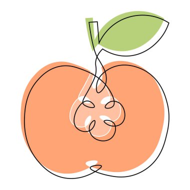 Fruit illustration, linear art. Apple, black line with the addition of colored spots. Minimal design, doodle, icon.