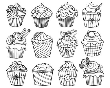 Large set of hand-drawn assorted cupcakes, illustration. Black outline. Doodles, icons for cafes, food industry