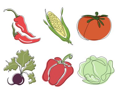 Set of drawn vegetables, chili peppers, corn, tomato, beetroot, cabbage. Line art with colored spots. Modern design, icons, stickers