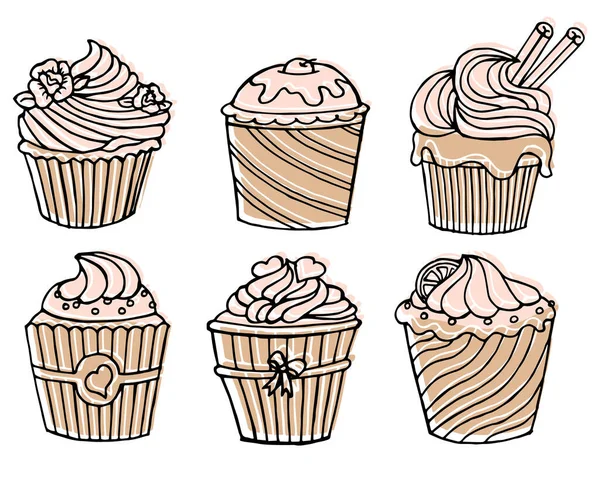 Set Hand Drawn Cupcakes Illustration Black Outline Addition Pastel Colored — Stock vektor