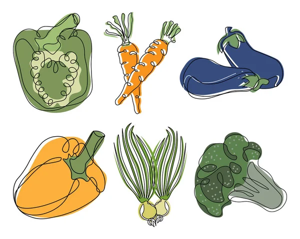 Set Drawn Vegetables Peppers Carrots Onions Eggplant Broccoli Line Art — Vetor de Stock