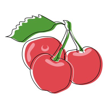 Fruit illustration, line art. Red cherries on a branch, black line with colored spots. Minimal modern design, doodle, icon.