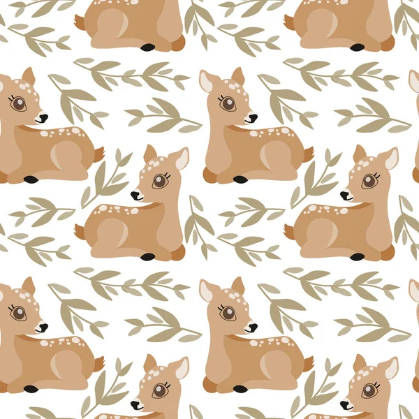 Seamless Pattern Print Cute Fawns Branches Leaves White Background Pastel —  Vetores de Stock