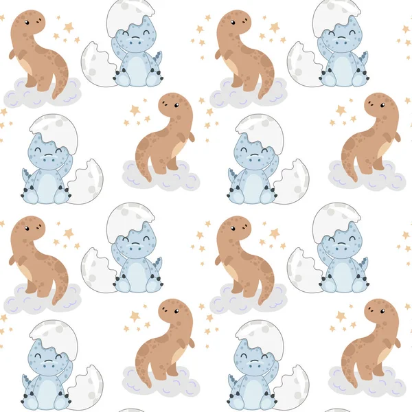 Seamless Pattern Cute Blue Beige Dinosaurs Background Clouds Stars Print — Stock Vector