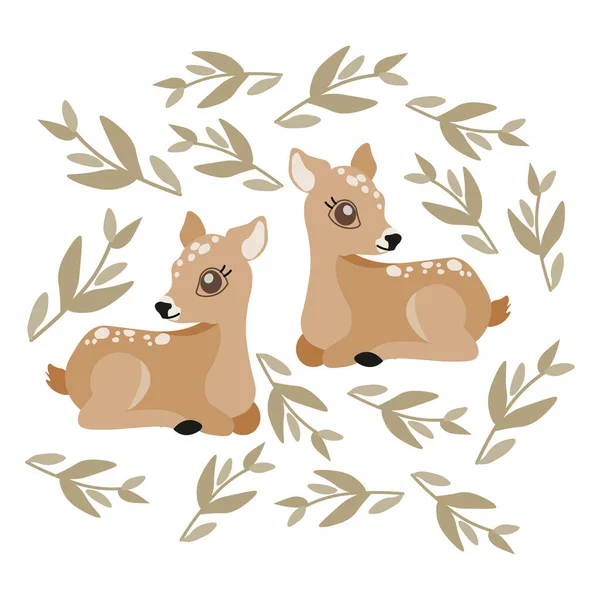 Illustration Forest Animals Cute Baby Deer Twigs Leaves White Background — Image vectorielle