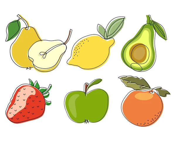 Ilustracja Owoców Zestaw Narysowanych Owoców Cytryna Gruszka Awokado Truskawka Jabłko — Wektor stockowy