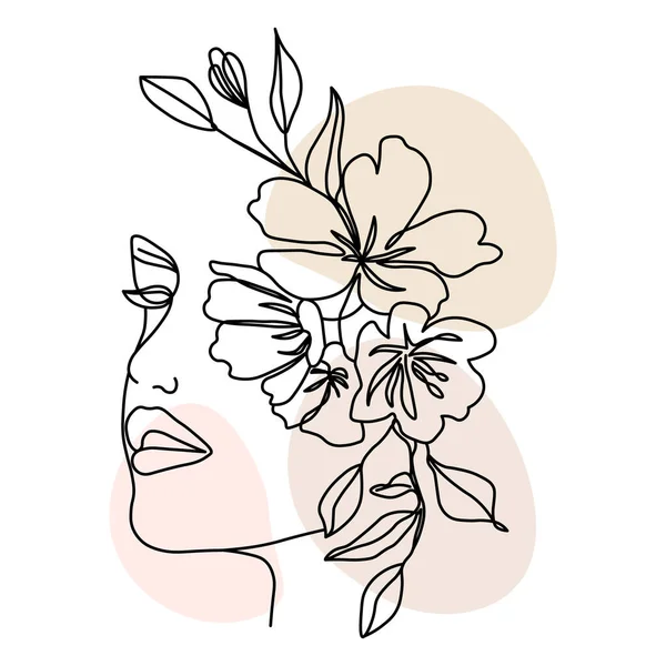 Linjekonst Abstrakt Illustration Flickansikte Med Blommor Svart Linje Med Tillägg — Stock vektor
