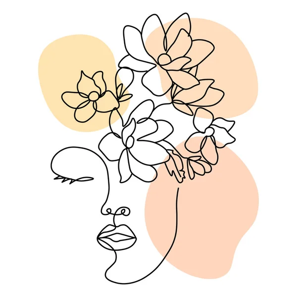 Line art, abstract illustration, girl's face with flowers. Black line with the addition of colored spots in pastel shades. Wall art, poster