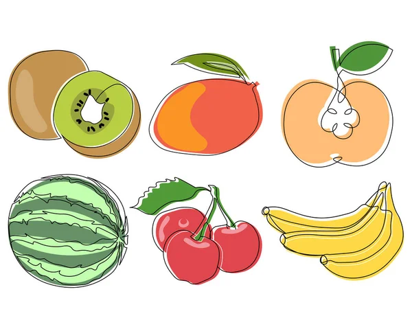 Ilustracja Owoców Zestaw Narysowanych Owoców Kiwi Mango Arbuz Banany Czarna — Wektor stockowy