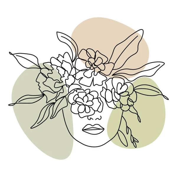 Line Art Abstract Illustration Girl Face Flowers Black Line Addition — Vettoriale Stock