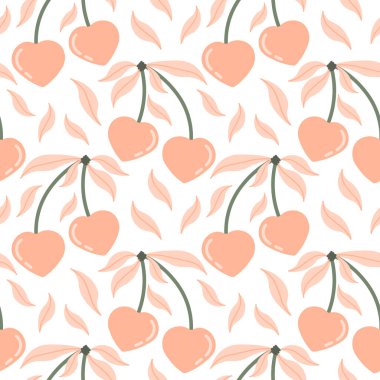Seamless pattern, abstract print, pink heart-shaped cherries on a branch with leaves. Design for Valentine's Day, wedding day. Textile, paper, decor