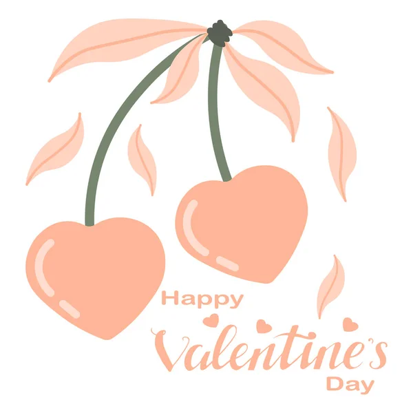 Αφηρημένη Απεικόνιση Ροζ Κεράσια Σχήμα Καρδιάς Κλαδί Φύλλα Σχέδιο Για — Διανυσματικό Αρχείο