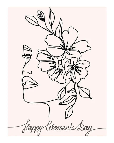Illustration, postcard for International Women's Day. Spring line art, girl's face in flowers on a pink background and lettering. Design for March 8
