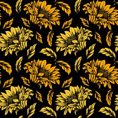 Kusursuz desenli, el çizimi narin sarı ayçiçekleri siyah arka planda. Yazdırma, tekstil, duvar kağıdı, pastel keten için dekor
