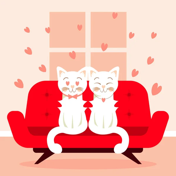 Illustration Süße Weiße Katze Und Verliebte Miezekatze Sitzen Auf Einem — Stockvektor