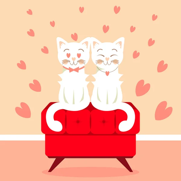 Illustration Süße Weiße Katze Und Verliebte Miezekatze Sitzen Auf Einem — Stockvektor