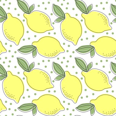 Meyvesiz, dikişsiz desen, el yapımı limon ve yapraklar. Renkli çizgi sanatı. Tekstil, kağıt, duvar kağıdı için yazdır, dekor