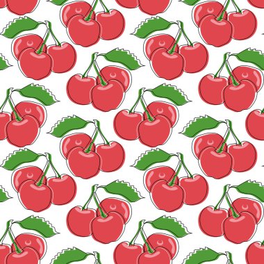 Meyvesiz, dikişsiz desen, yapraklı kirazlar. Renkli çizgi sanatı. Tekstil, kağıt, duvar kağıdı için yazdır, dekor