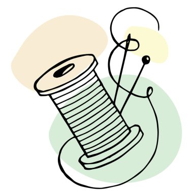 Dikiş teması, simge, el yapımı iplik makarası. Siyah çizgiler ve soyut pastel lekeler