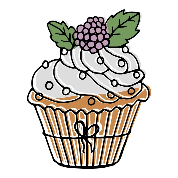 イラスト 手描きフルーツカップケーキ 黒のアウトラインとパステルカラー アイコン お菓子 パン屋さん カフェのデザイン — ストックベクタ