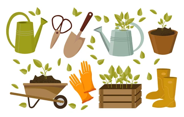 Frühling Reihe Von Symbolen Zum Thema Gartenarbeit Gießkanne Und Schaufel — Stockvektor