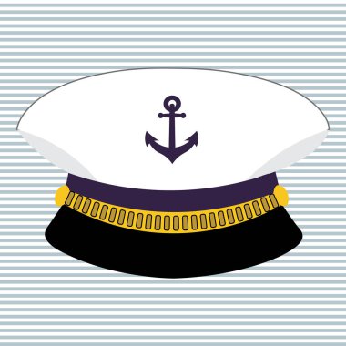 Denizcilik illüstrasyonu, ikon, çizgili arka planda kaptanın şapkası. Poster, baskı, dekor için tasarım