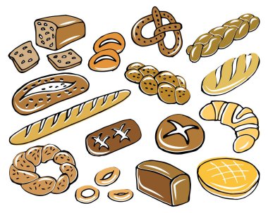 Fırının teması üzerine bir dizi ikon, çeşitli el yapımı ekmek, baget, simit, örülmüş ekmek. Şekerlemeler, fırın, kafe için tasarım