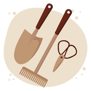 Bahçıvanlık, bahçe aletleri, kürek, tırmık, secateurson teması soyut bir arka plan. Çıkartma, yazdırma