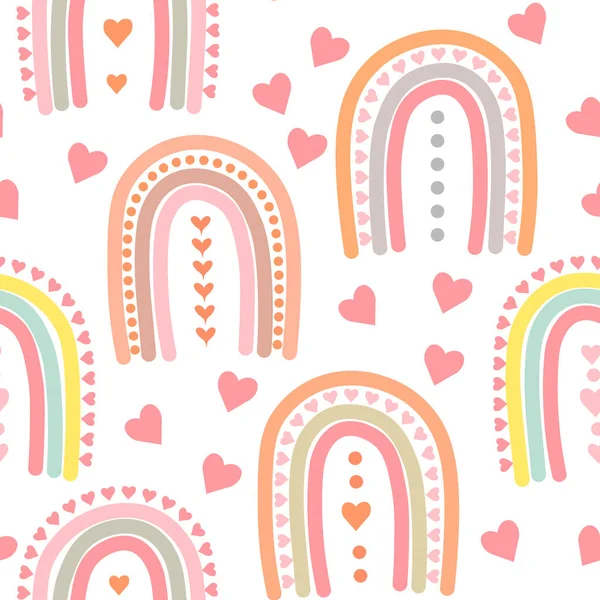 シームレスなパターン パステルカラーで心を持つ虹を描きました バレンタインデー 結婚式 休日の装飾のためのデザイン — ストックベクタ