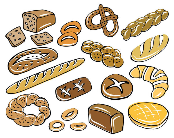Set of icons on the theme of the bakery, hand-drawn bread of various types, baguettes, bagels, braided bread. Design for confectionery, bakery, cafe